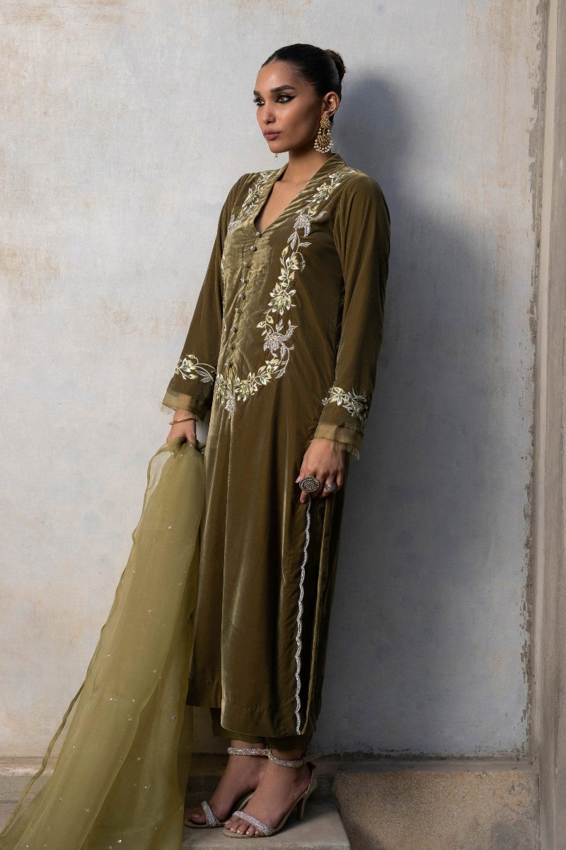 Olive Dusk Velvet Suit Set
