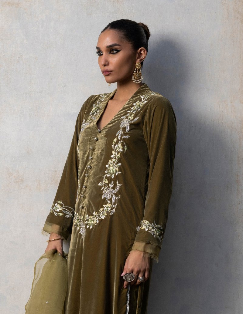 Olive Dusk Velvet Suit Set