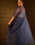 White Embellished Blue Chiffon Drape Skirt and Top Set With Organza Cape